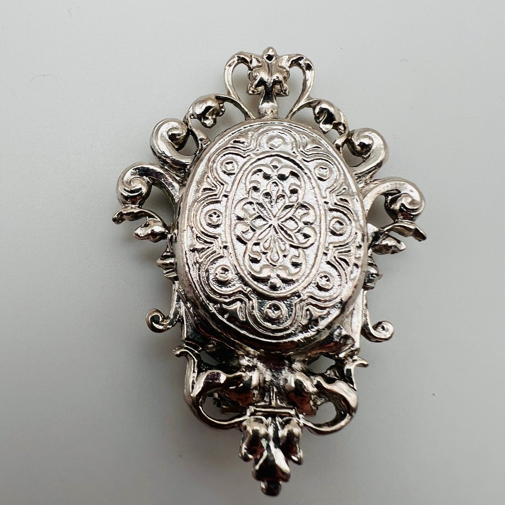 Vintage Ornate Scroll Brooch Scarf Clip Dual Purpose Silver Tone Victorian Style